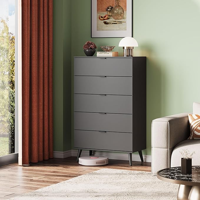 WLIVE 5 Drawer Dresser for Bedroom, Tall Wooden Dresser, Black Dressers Storage Organizer with Sturdy Metal Handle, Chest of Drawers for Living Room, Hallway, Closet
