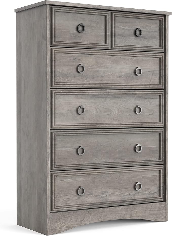 LGHM Modern Dressers for Bedroom with 6 Drawers, 6 Drawer Dresser, 44.33" Tall Chest of Drawers Closet Organizers & Storage Clothes - Easy Pull Handle, Textured Borders for Living Room, Hallway, Gray