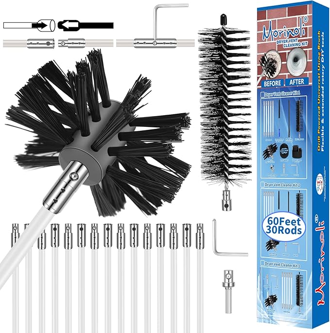 60 Feet Dryer Vent Cleaning Kit - Chrome Button Locking System, Extends Up to 60 Feet, Lint Remove, Dryer Duct Cleaner with Bonus Drill Attachment, Lint Trap Brush