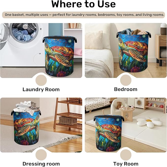 Sea Turtle Foldable Canvas Laundry Basket with Handles - Toy Organizer, Heavy Duty for Home，Bedroom, Dorm, Bathroom