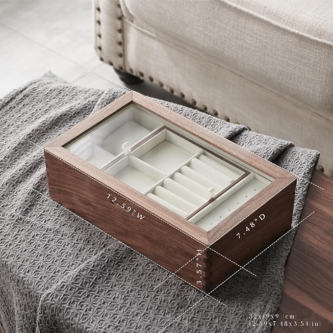 Beexchange Black Walnut Wooden Jewelry Box - Allwood, Handcrafted, Glass Lid Gift for Women, Men, and Girls. Jewelry Organizer Storage.(Single-Layer)