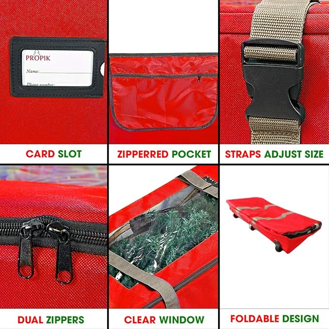 ProPik Rolling Christmas Tree Storage Bag, Fits Up to 9 Foot Tall Disassembled Trees, 25" X 25" X 60", Extra Large Heavy Duty Xmas Container with Wheels, Handles and Straps (Red)