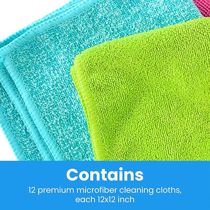 MIRACLEAN Microfiber Cleaning Cloth 12 Pack - 12 x 12 inches - Rags for Cleaning House Streak-Free Wipes for Screens, Dusting & Appliances - Premium Microfiber Cleaning Cloth
