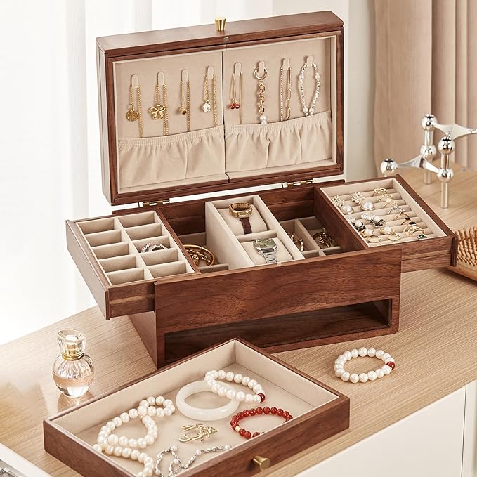 Wooden Jewelry Box for Women, 3 Level Multi-functional Drawers Black Walnut Jewelry Organizer Box, Watch, Necklace, Ring, Earring Storage Valentine's Day Gifts(With Mirror B)
