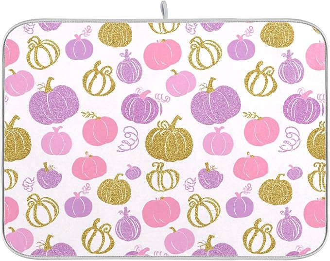 Pumpkin Pink Purple Dish Drying Mat for Kitchen Countertop 18x24 Fall Rectangle Large Drying Mat Reusable Quick Dry Dish Sink Absorbent Mats Dishwasher Easy Clean Decorative Home Decor Essentials