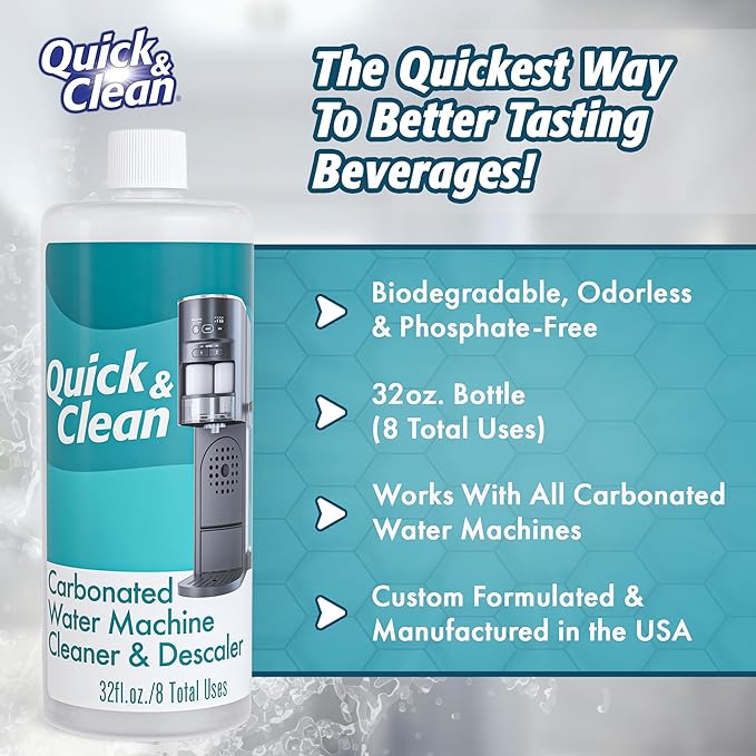 Quick & Clean 32oz. Carbonated Water Machine Cleaner & Descaler - Made in the USA - Compatible with At-Home Carbonated Water Machines - Removes Mineral & Limescale Buildup