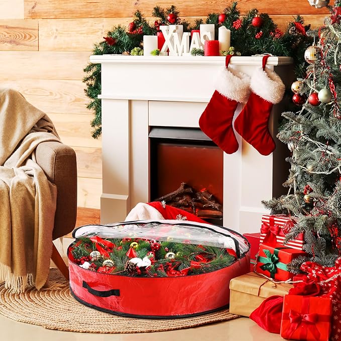 Aliceset 4 Pack Wreath Storage Containers, Christmas Ornament Garland Wreath Storage Bags with Handle Dual Zipper Large Decorative Storages Box for Winter Wreaths(36 x 36 x 7.8 Inch,Red)