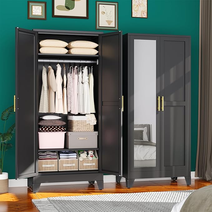 71" Metal Armoire Wardrobe Closet, Steel Clothing Storage Cabinet with Mirror and Adjustable Shelves, Household Steel Wardrobes Storage Cabinet with Adjustable Standing Feet and Hanging Rod（Black）
