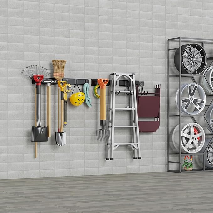 Tool Storage Rack Wall Mount, 64 Inch Adjustable Garden Tool Organizer, Heavy Duty Garage Wall Organizer Rack, Yard Tool Organizer System for Rake Shovel Broom Mop Wall Holder