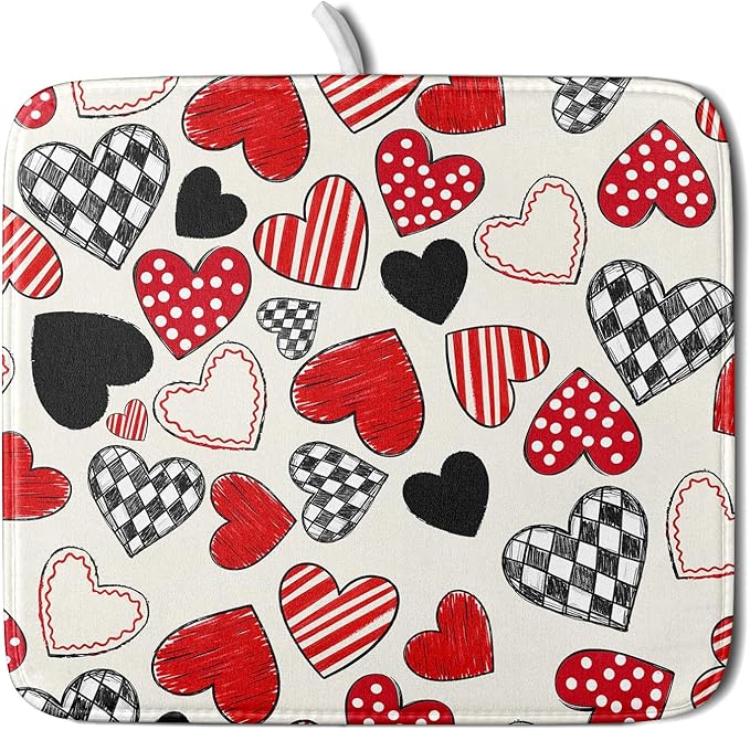 Valentines Day Dish Drying Mat for Kitchen Counter 18x16 Inch Red Heart Drying Mat with Absorbent Reversible Microfiber Holiday Love Dish Drainer Mats Rack Pad for Coffee Countertop Protector
