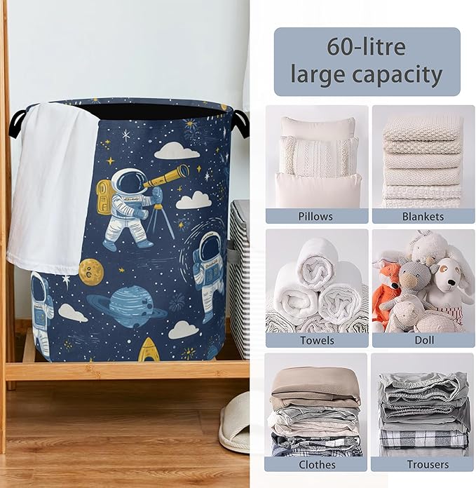 Astronaut Laundry Basket,Rocket Planet Foldable with Handles Tote Bag Oxford Cloth for Bathroom Bedroom Dirty Clothes Storage Bucket 16" x 20.8"