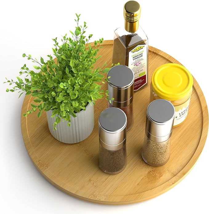 Lazy Susan Organizer Homerays 12 Inch Non-Skid Bamboo Lazy Susan for Kitchen Rotating Spice Rack for Kitchen Cabinet, Wood Turntable for Kitchen Countertop Organizer