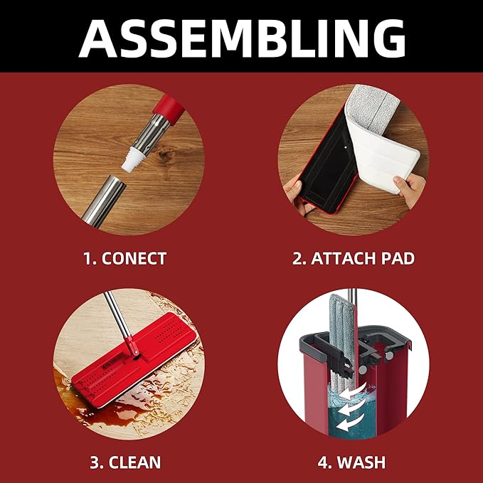 BOSHENG Mop and Bucket with Wringer Set, Flat Mop and Bucket, Squeeze Floor Mop with 3 Washable Microfiber Mops, Wet and Dry Use, Household Cleaning Tools, for Hardwood Floor, Laminate, Tile