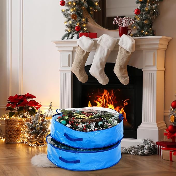 Aliceset 4 Pack Wreath Storage Containers, Christmas Ornament Garland Wreath Storage Bags with Handle Dual Zipper Large Decorative Storages Box for Winter Wreaths(36 x 36 x 7.8 Inch,Blue)