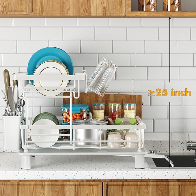 IMXSUMDA Dish Drying Rack, 2 Tier Dish Racks for Kitchen Counter, Compact Dish Drainer Rack, Detachable Dish Rack with Drainboard, Utensil Holder, Cup Holder for Small Space - White