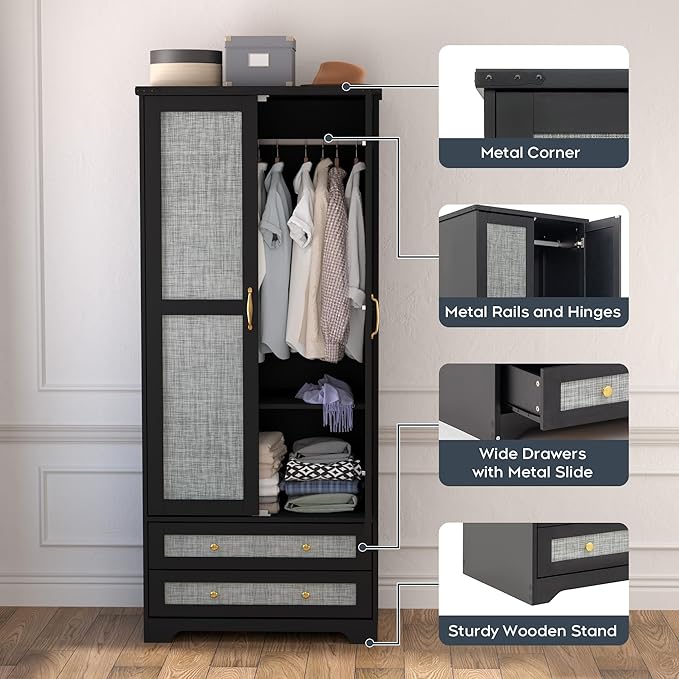 Brafab Armoire Wardrobe Closet with 2 Rattan Doors, 71" Farmhouse Tall Freestanding Coat Closet Wardrobe Cabinet with Drawers and Hanging Rail, Wooden Armoire Storage Cabinet with Shelf for Bedroom