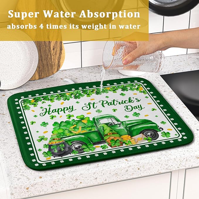 Shamrock Gnome Truck Dish Drying Mat Lucky Clover Dish Drainer Mat 16x18 inch Absorbent Fast Dry Pad for Kitchen Counter Coffee Bar Decor