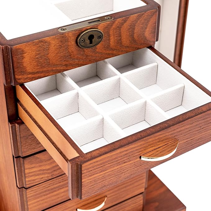 Retro Jewelry Box 7-Tier Large Jewelry Organizer with 6 Drawers and 2 Side Doors Women Girls Storage Case for Necklace Rings Earrings Accessories, with Mirror and Lock,11.1x6.9x14.2in,MDF (Brown)