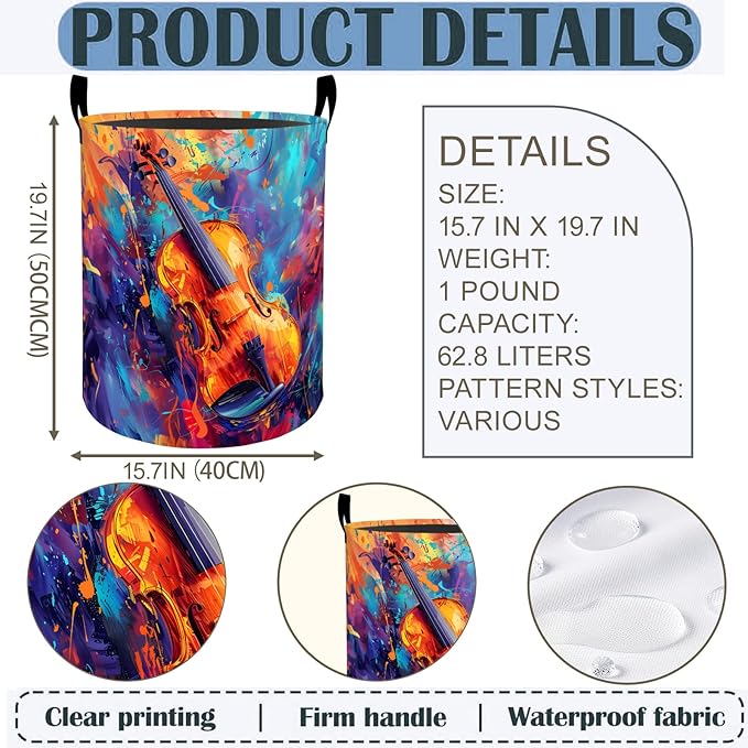 Violin Art Laundry Basket Hamper 19.7"x15.8", Colorful Music Foldable Waterproof Oxford Clothes Storage Bucket for Room Bathroom Bedroom Nursery Decor, Toy Organizer Bins Gifts for Kids Boys Girls