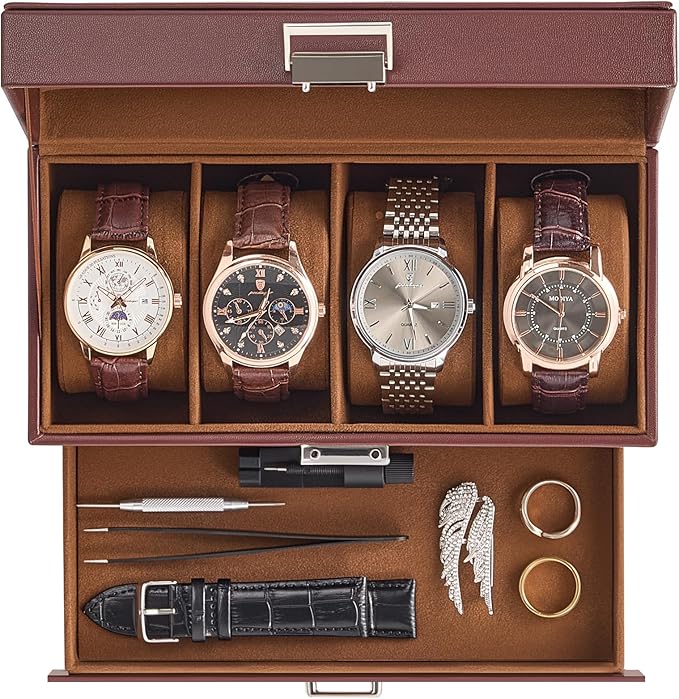ProCase Watch Case, 4 Slot Mens Watch Box Holder Organizer with Glass Lid, 2-Layer Watches Display Case, Mens Jewelry Box with Drawer, Birthday Valentine Gifts for Men Women -4 Slot, Espresso