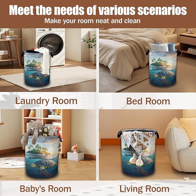 Sea Turtle Tropical Island Laundry Hamper,Laundry Baskets,Waterproof Oxford Cloth Toy Storage for Bedroom,Bathroom,Nursery,16x20.8 Inch