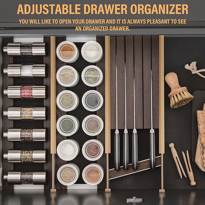 Bamboo Drawer Dividers,Kitchen Drawer Dividers Adjustable,Expandable Drawer Dividers Organizer for Kitchen large Utensils, Dressers Bathroom,Clothes,Office,Drawer Organization Separators(17.7-22 in)