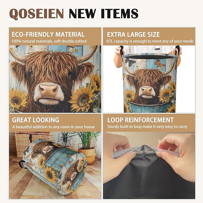 Large Laundry Basket,Highland Cow Collapsible Laundry Baskets,Sunflower Butterfly Waterproof Oxford Hamper with Handles for Bathroom Bedroom Nursery Home Storage 16"x20"