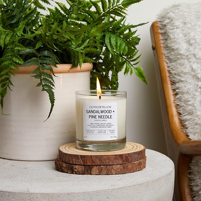 Outdoor Fellow Sandalwood + Pine Needle Scented Candle, 8oz, Coconut & Apricot Wax Blend, Sandalwood, Pine Needle, Eucalyptus, Reusable Glass, 40-50 Hour Burn Time