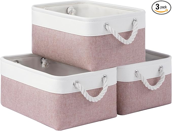 Storage Baskets for Shelves 13.8x9.8x6.7 Inch, Foldable Fabric Storage Bins with Handles, Small Storage Baskets for Organizing Closet, Office, Home Organization (3-Pack, White&Pink)