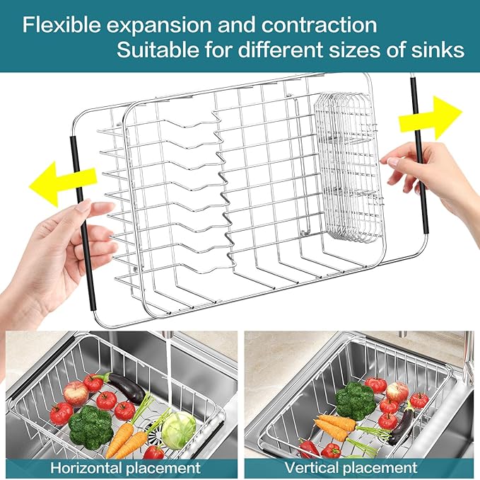 YZPGBT Large Dish Drying Rack in Sink Expandable, Adjustable 304 Stainless Steel Metal Dish Drainer Rack Organizer with Stainless Steel Utensil Holder Over Inside Sink Counter, Rustproof