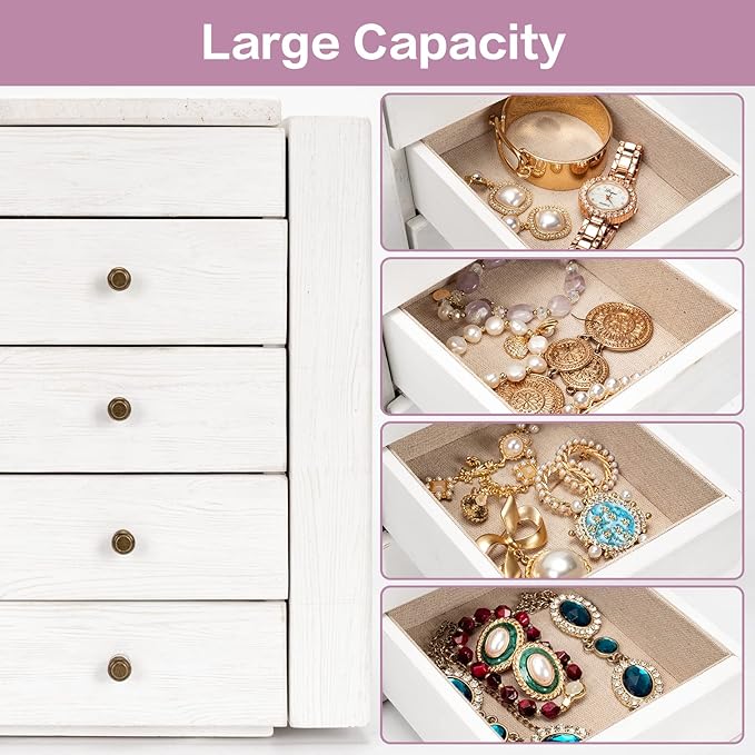 Meangood Jewelry Box Wood for Wowen, 5-Layer Large Organizer Box with Mirror & 4 Drawers for Rings, Earrings, Necklaces, White