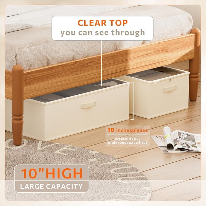 Chizjox 10inch 3 Pack Under Bed Storage Containers, 10 Inch Tall Underbed Clothes Storage Organizer Bin with Clear Window，Foldable Box Basket for Clothes, Closet, Bed Sheets and Blankets Beige