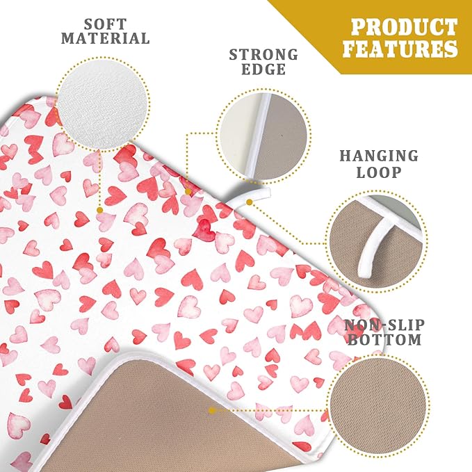 Valentine’s Day Dish Drying Mat for Kitchen Counter 18x16 Inch Watercolor Love Drying Mat with Absorbent Reversible Microfiber Pink Dish Drainer Mats Rack Pad for Coffee Countertop Protector