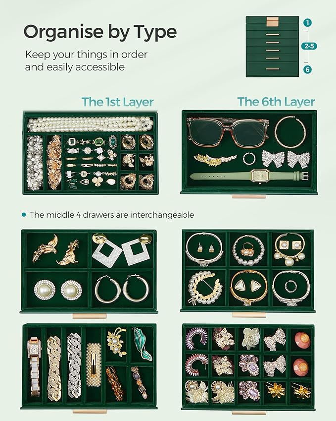 SONGMICS Jewelry Box Organizer with Glass Lid, 6-Layer Jewelry Storage, with 5 Drawers, Modern Style, 6.4 x 9.9 x 11.4 Inches, Forest Green and Gold Color UJBC171C01