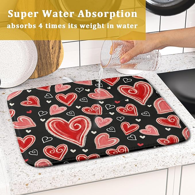 Valentines Day Dish Drying Mat for Kitchen Counter 18x16 Inch Black Red Heart Drying Mat with Absorbent Reversible Microfiber Love Dish Drainer Mats Rack Pad for Coffee Countertop Protector