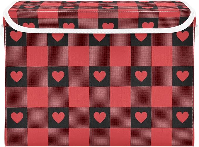 senya Valentines Storage Baskets Collapsible Storage Bins with Lids, Red Buffalo Check Gingham Love Heart Storage Boxes Clothes Baskets for Organizing
