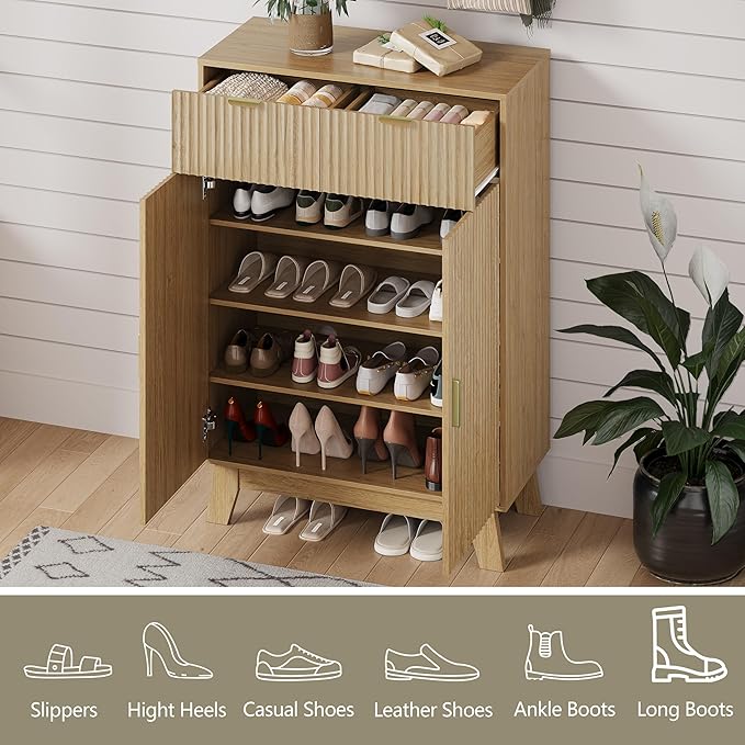 Shoe Cabinet Storage for Entryway with Doors, 4 Tier Fluted Shoe Organizer with 2 Drawers, Entryway Shoe Storage with Adjustable Shelves, Freestanding Hidden Shoe Rack for Front Door Entrance, Oak
