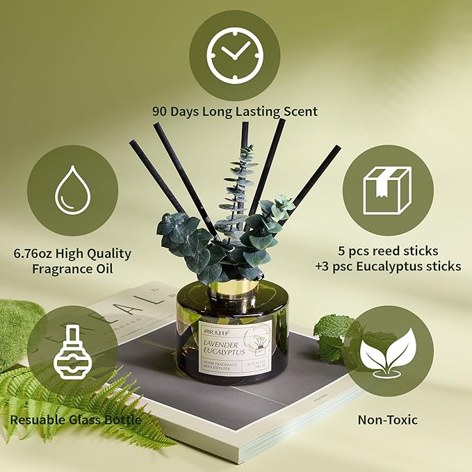 Airkeep Reed Diffuser Set with 6.76 fl oz Lavender Eucalyptus Scent Essential Oils and 3 Leaves & 8 Diffuser Sticks,Bathroom Shelf Decor & Air Freshener, House Bedroom Office Decor & Gifts