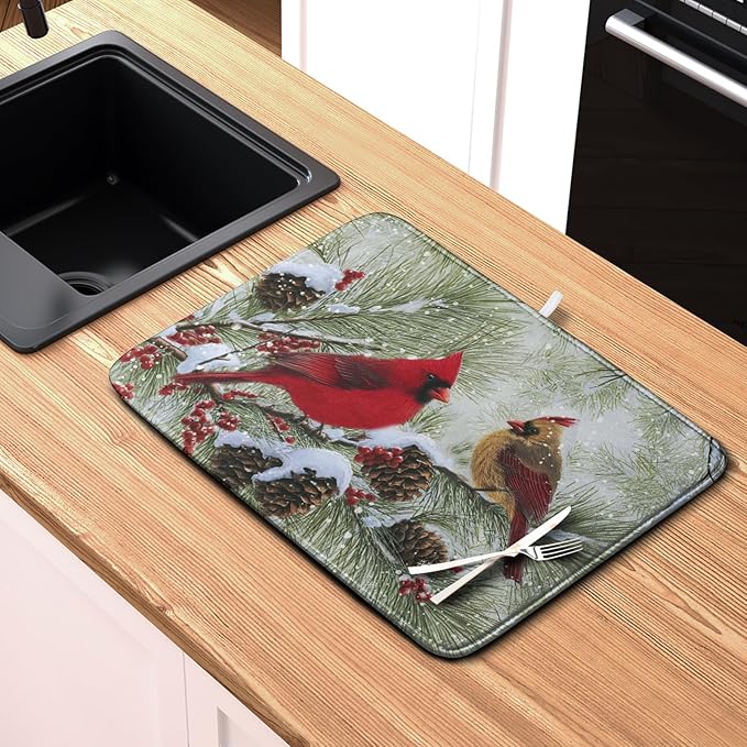 Kwlegh Winter Dish Drying Mat for Kitchen Counter 16x18 Inch Christmas Red Birds Drying Mats Xmas Holiday Microfiber Absorbent Dishes Drainer Mats Cardinal Dish Rack Pad