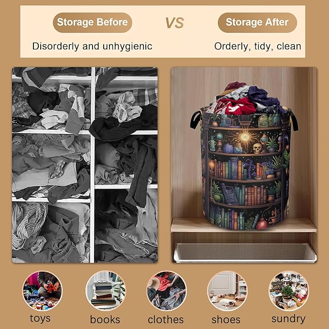 Laundry Basket,Skull Collapsible Laundry Baskets,Terror Library Waterproof Oxford Hamper with Handles for Bathroom Bedroom Nursery Home Storage 16"x20"