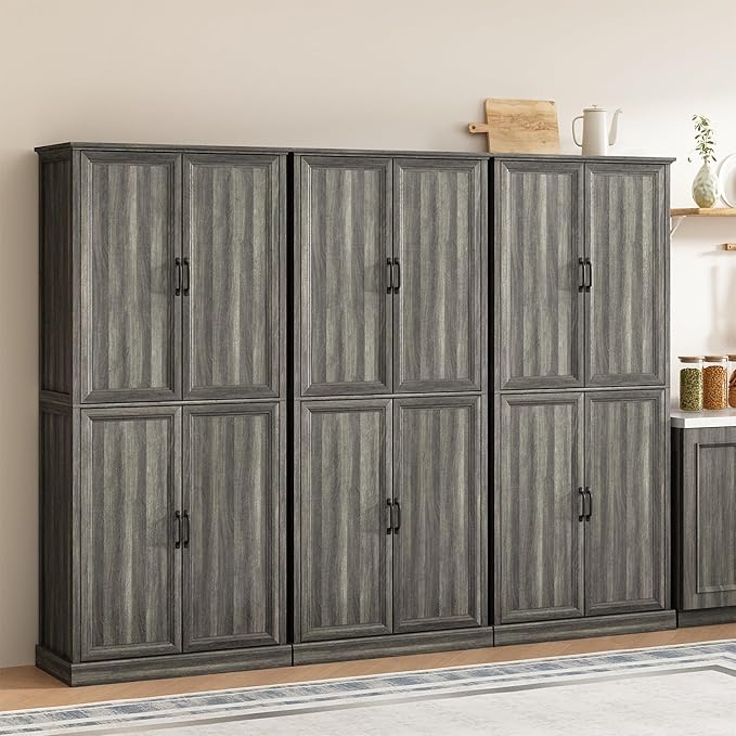 71'' Tall Pantry Cabinet Set of 3, Farmhouse Kitchen Pantry Storage Cabinet with Barn Door and Adjustable Shelves, Rustic Wood Freestanding Cupboard for Kitchen, Dining Room, Grey