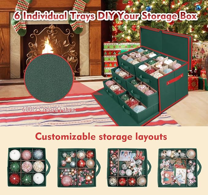 Large Christmas Ornament Storage Box with 6 Drawer Style Trays Fits 54 of 4" Ornament Balls - Side Opening, Christmas Container Perfect for Holiday Decorations, 600D Oxford Fabric Tear-Proof
