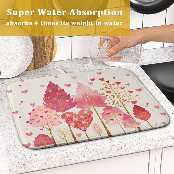 Valentines Day Pink Tree Dish Drying Mat for Kitchen Counter 18x16 Inch Heart Drying Mat with Absorbent Reversible Microfiber Love Dish Drainer Mats Rack Pad for Coffee Countertop Protector