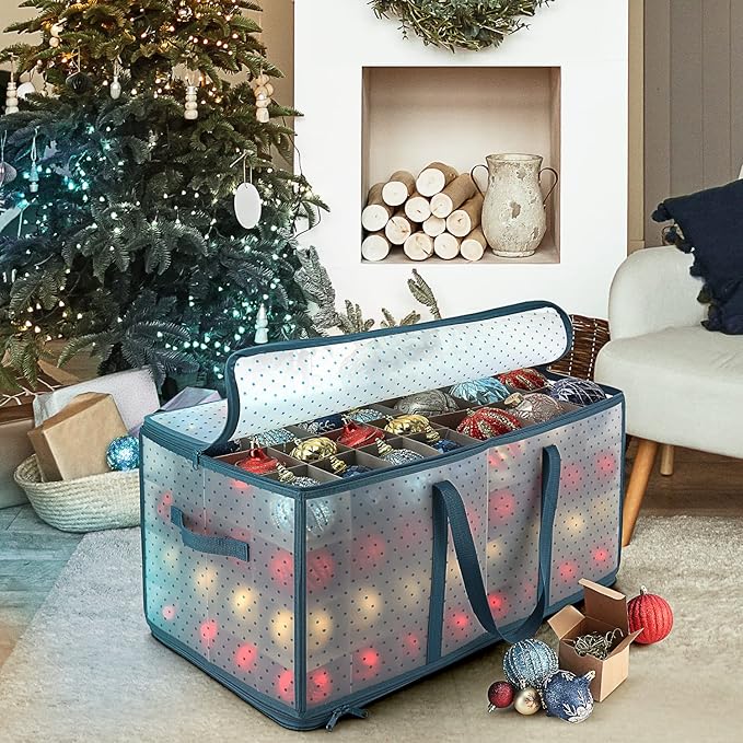 Large Christmas Ornament Storage Box With Adjustable Dividers - Plastic Ornament Storage Container For 128 Holiday Ornaments or Decorations - By Hearth & Harbor