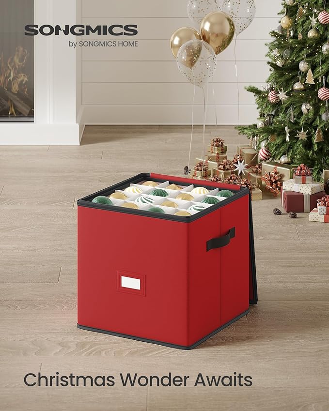 SONGMICS Christmas Ornament Storage Box, Dual Zippers, Stackable Christmas Storage Container with Lid, 4 Trays, 600D Oxford, 3-Inch 64 Slots, Cherry Red URFB034R01
