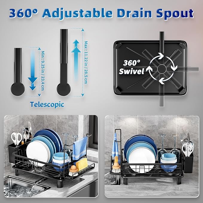 GAOKASE Dish Drying Rack, Compact Dish Racks for Kitchen Counter with Sponge Rack, Space-Saving Dish Drainer Drying Rack with Drainboard, Utensil Holder and and Automatic Drainage Drainboard, Black