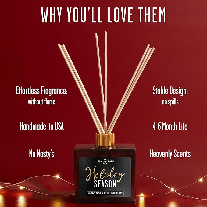 Holiday Diffuser, Holiday Reed Diffusers for Home Christmas Décor - w/Apple & Spice I Infused w/Essential Oils I 3.75 OZ Oil I Long-Lasting Scent Lasts 4-6 Month's I Made in The USA