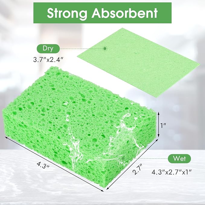 MOWPOG 12 PCS Dish Sponges Kitchen, Non Scratch Cleaning Sponge for Non Stick Cookware, Natural Compressed Cellulose Wash Scrub for Household Bathroom, Soft Washing Scrubbers (Green)
