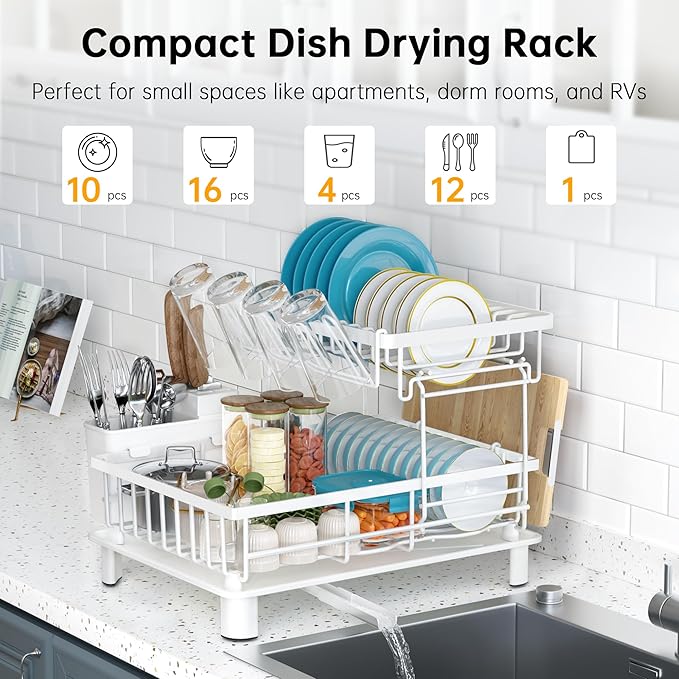 IMXSUMDA Dish Drying Rack, 2 Tier Dish Racks for Kitchen Counter, Compact Dish Drainer Rack, Detachable Dish Rack with Drainboard, Utensil Holder, Cup Holder for Small Space - White