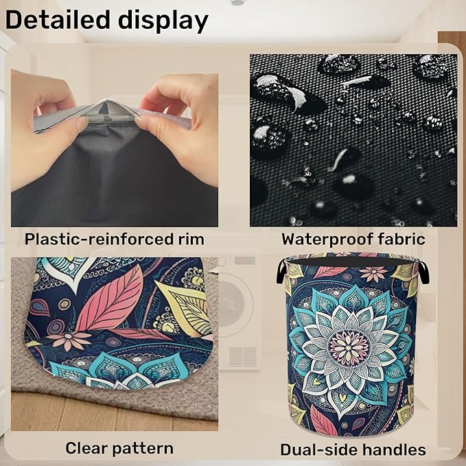 Bohemian Blue Flowers Laundry Basket, Dirty Clothes Basket, Water Resistant Foldable Hamper for Women, Storage Basket for Bedroom, Bathroom, Clothes